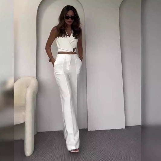 Women's Fashion Cross Slim Sleeveless Vest High Waist Wide Leg Pants Suit -