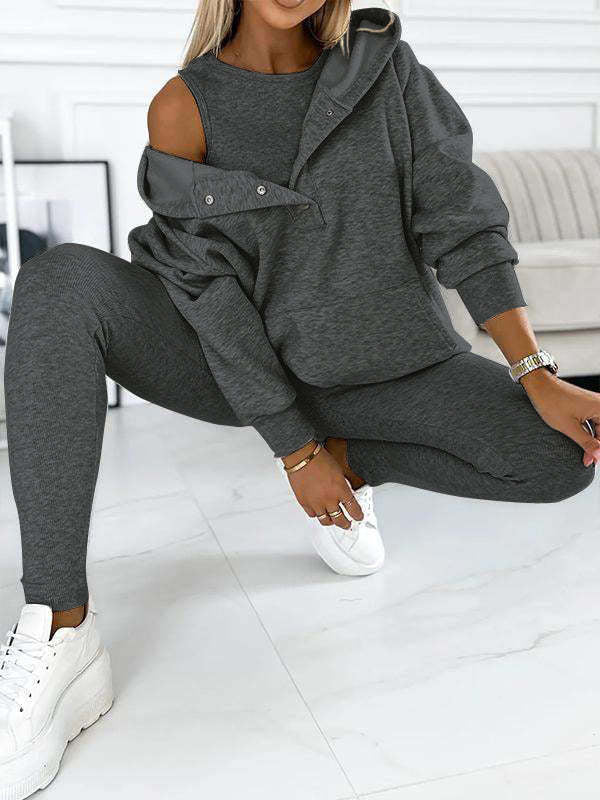 3pcs Women's Sports Suit Loose Hooded Pockets Sweatshirt And Vest And Slim Trousers -