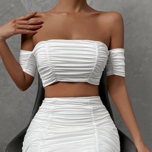 Women's Fashionable Casual Raglan Short Sleeve Pleated Hip Skirt -