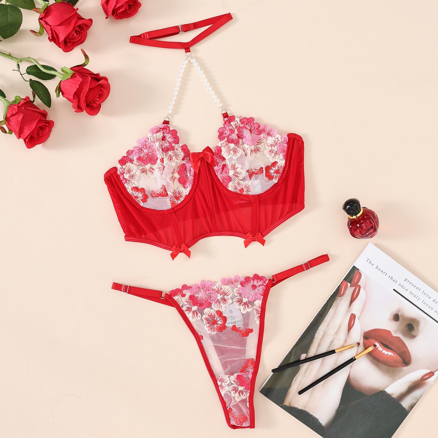 Flower Embroidery Halter Underwear Suit -