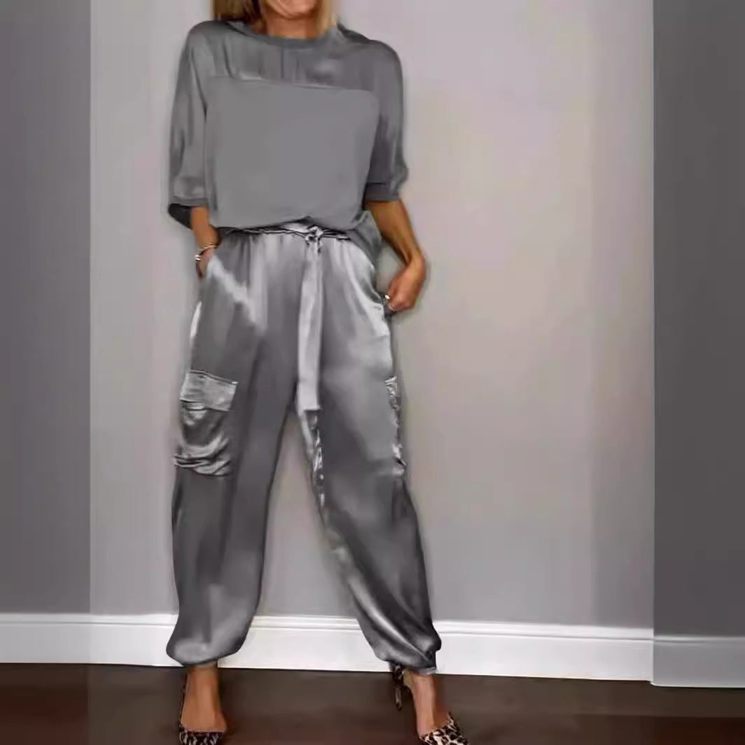 Fashion Women's Smooth Satin Half Sleeve Top Blouse And Pants Two-piece Set -
