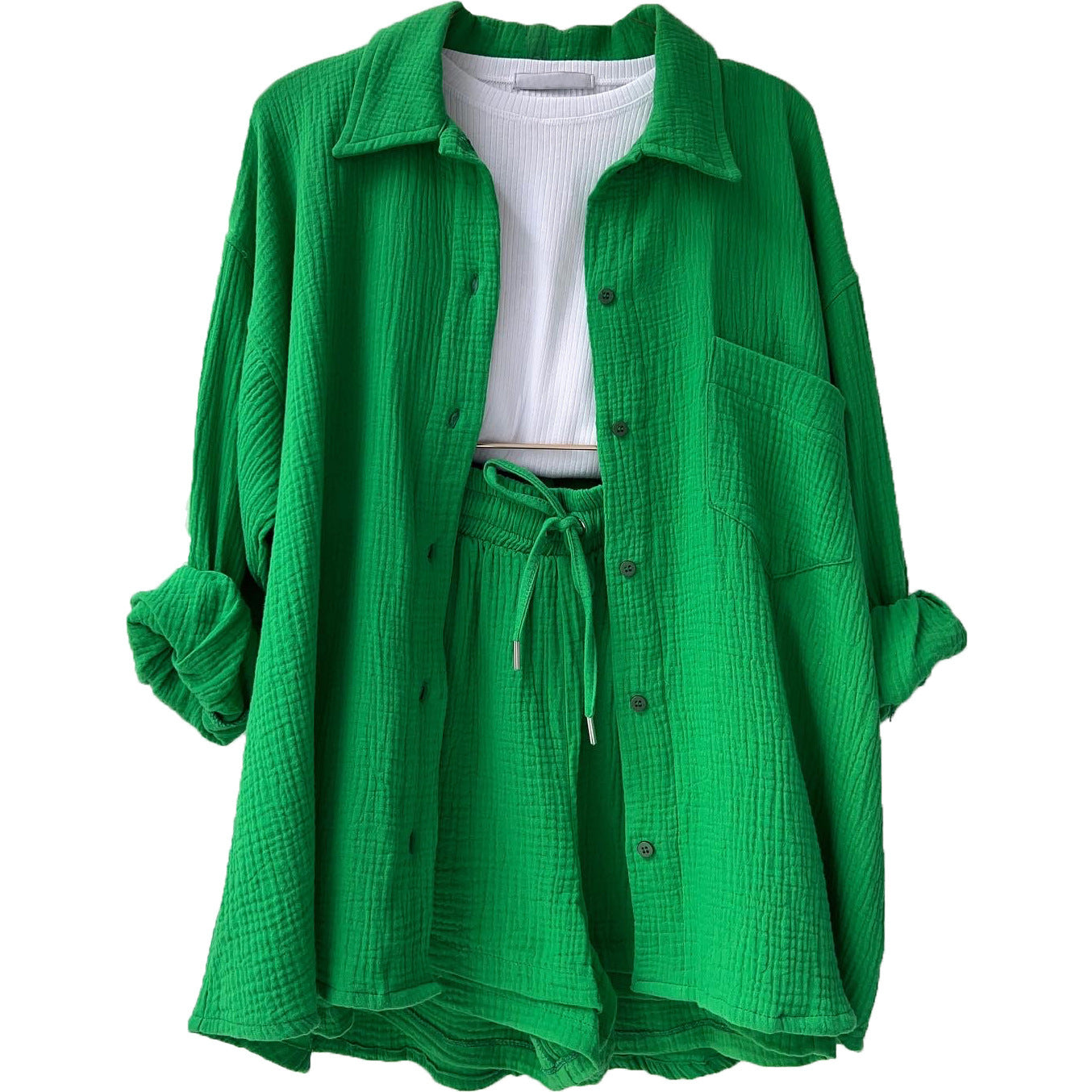 Women's Wrinkled Fabric Lapel Long Sleeved Shirt Shorts Fashion Casual Set -