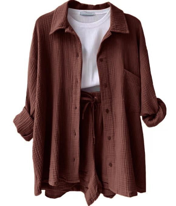 Women's Wrinkled Fabric Lapel Long Sleeved Shirt Shorts Fashion Casual Set -