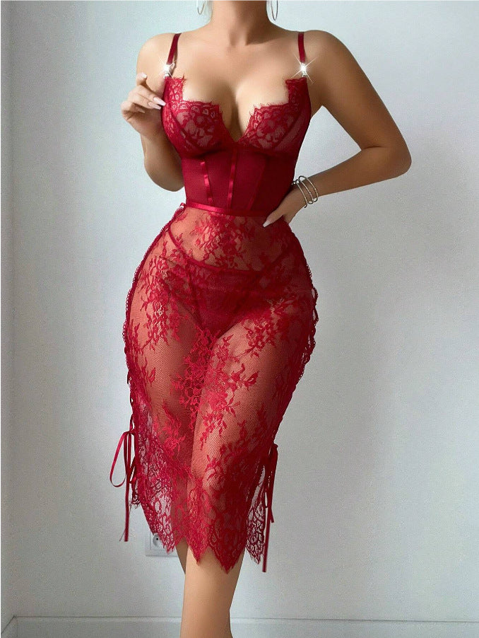 Lace Hollow Red Sexy Topless Sheath Sexy Lingerie Dress -
