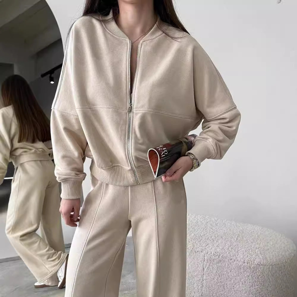Spring Fashion Solid Color Zipper Cardigan Straight-leg Pants Women's Suit -