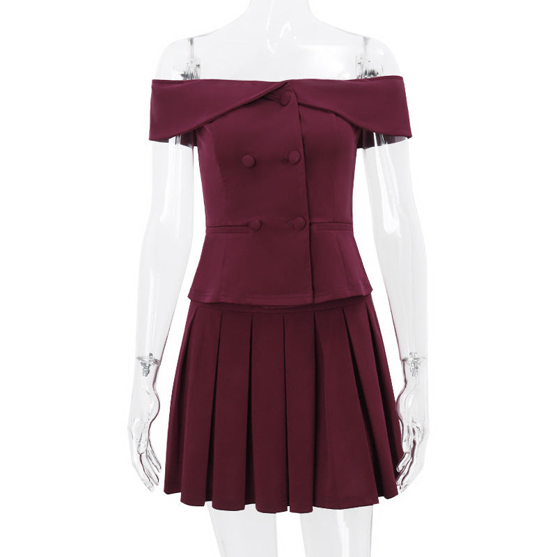 Elegant Suit Double-breasted Off-shoulder Top And Pleated Skirt Womens Clothing -
