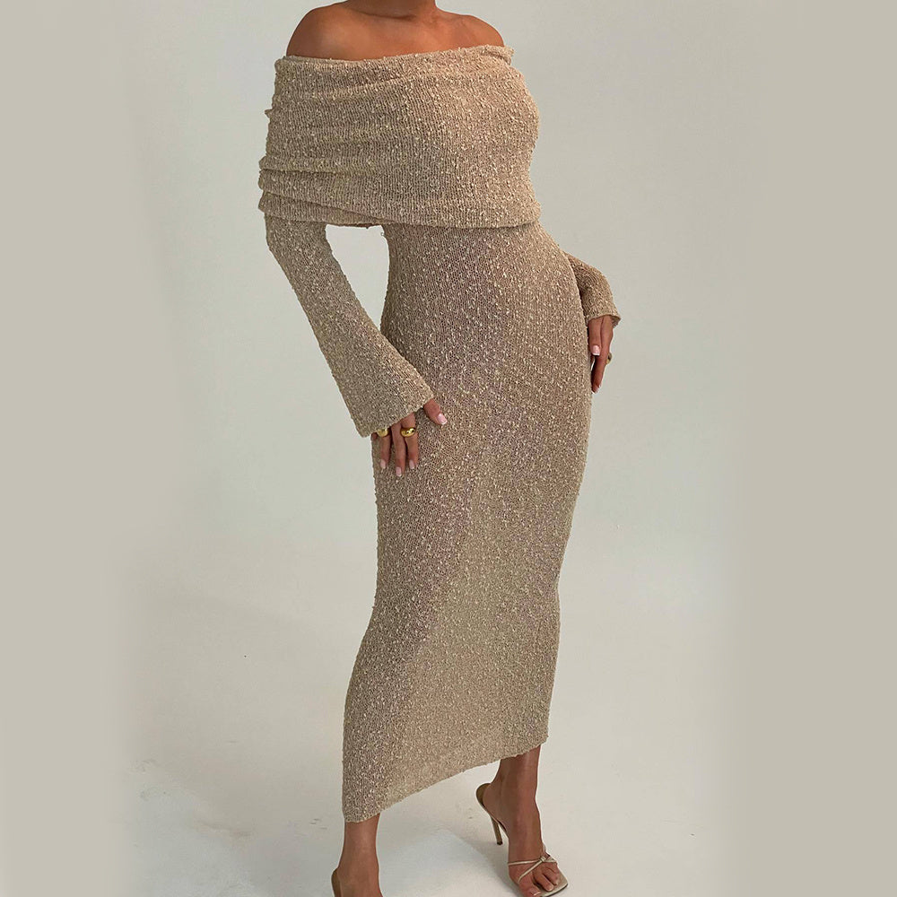 Rochie Maxi Tricotată cu Umăr Liber - Plajă, Mâneci Lungi -