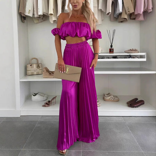 Women's Fashion Satin Tube Top Wide Leg Pants Suit -