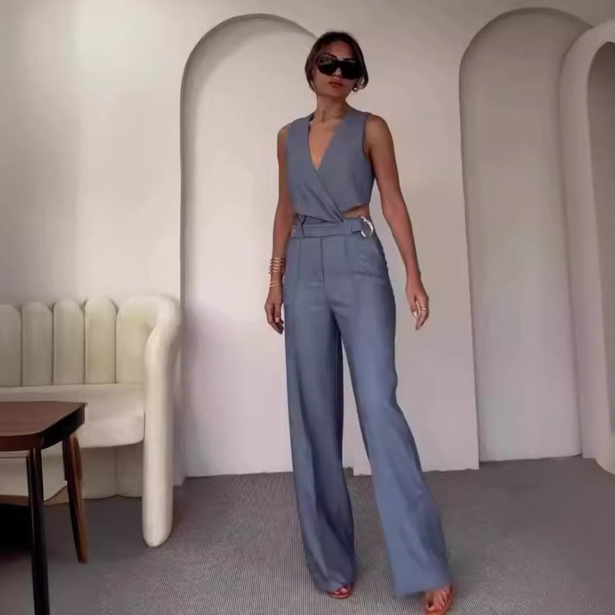 Women's Fashion Cross Slim Sleeveless Vest High Waist Wide Leg Pants Suit -