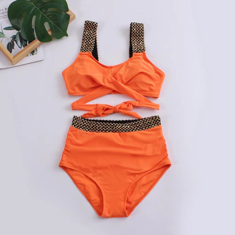 Ladies Two-Piece Bikini Crossover High Waist Swimsuit -