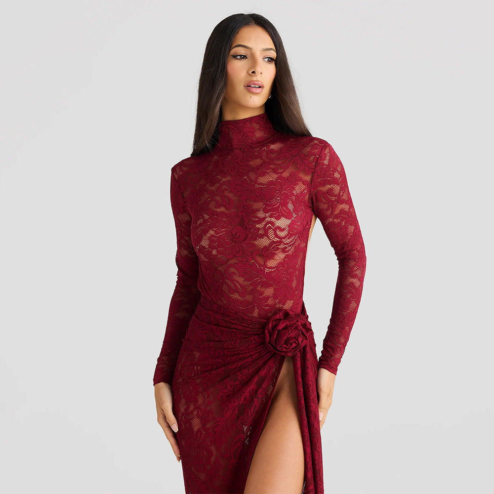 Slim-fit See-through Two-piece Half Turtleneck Bare Back -