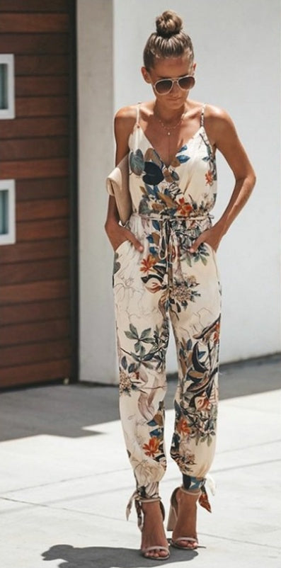 Women's Jumpsuit Flowers Print Spaghetti Strap Romper -