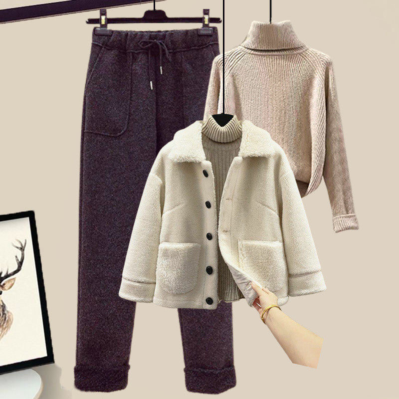 Lamb Wool Fur Sweater Casual Pants Three Piece Set Fashion Suit Women -
