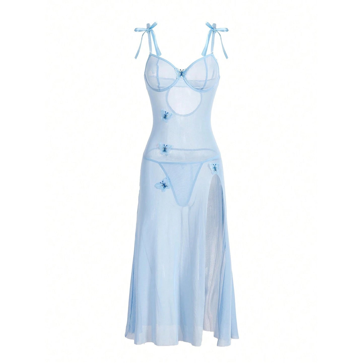European And American Style Sexy Sheer Mesh Seduction Lace Backless High Slit Light Blue Sexy Sling Dress -