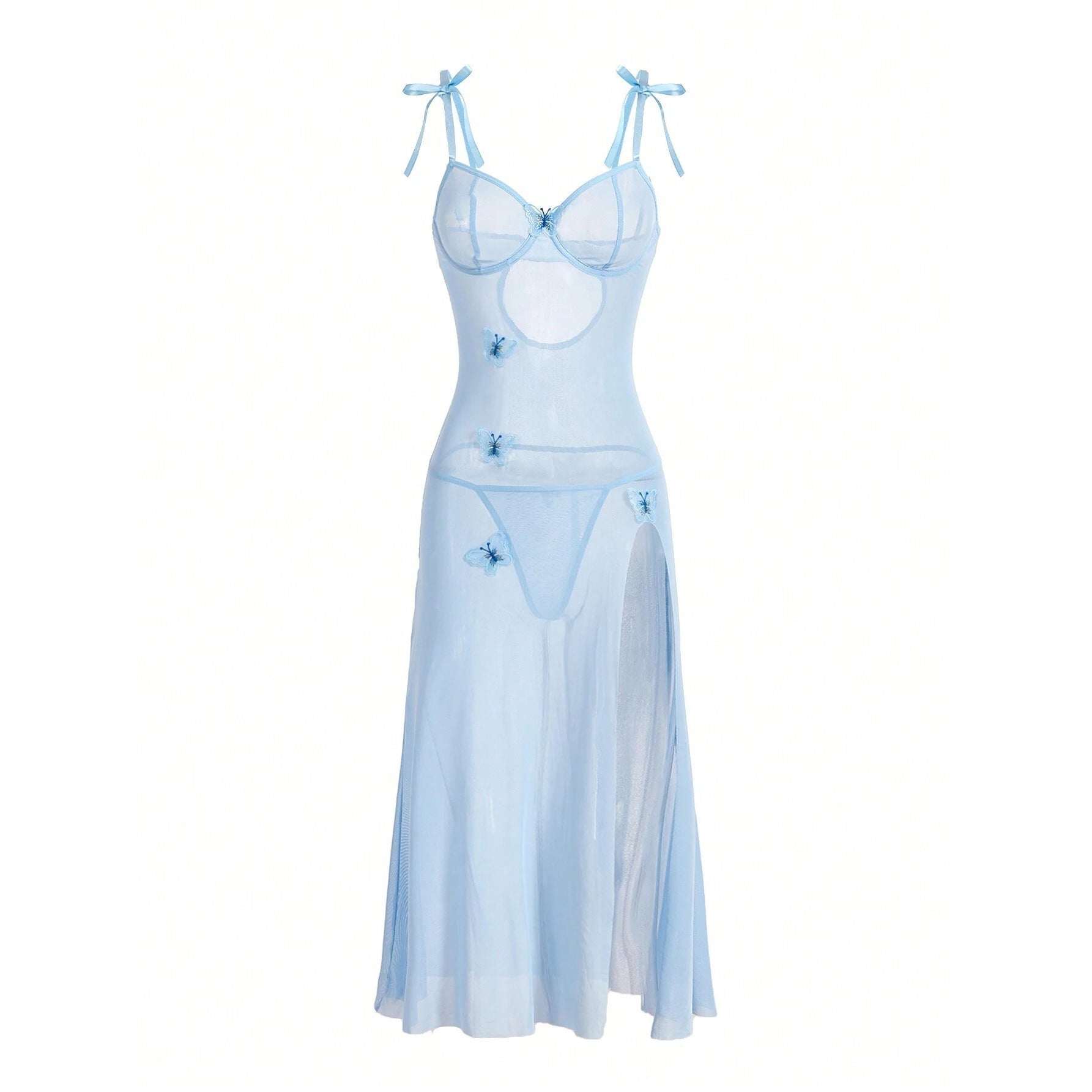 European And American Style Sexy Sheer Mesh Seduction Lace Backless High Slit Light Blue Sexy Sling Dress -