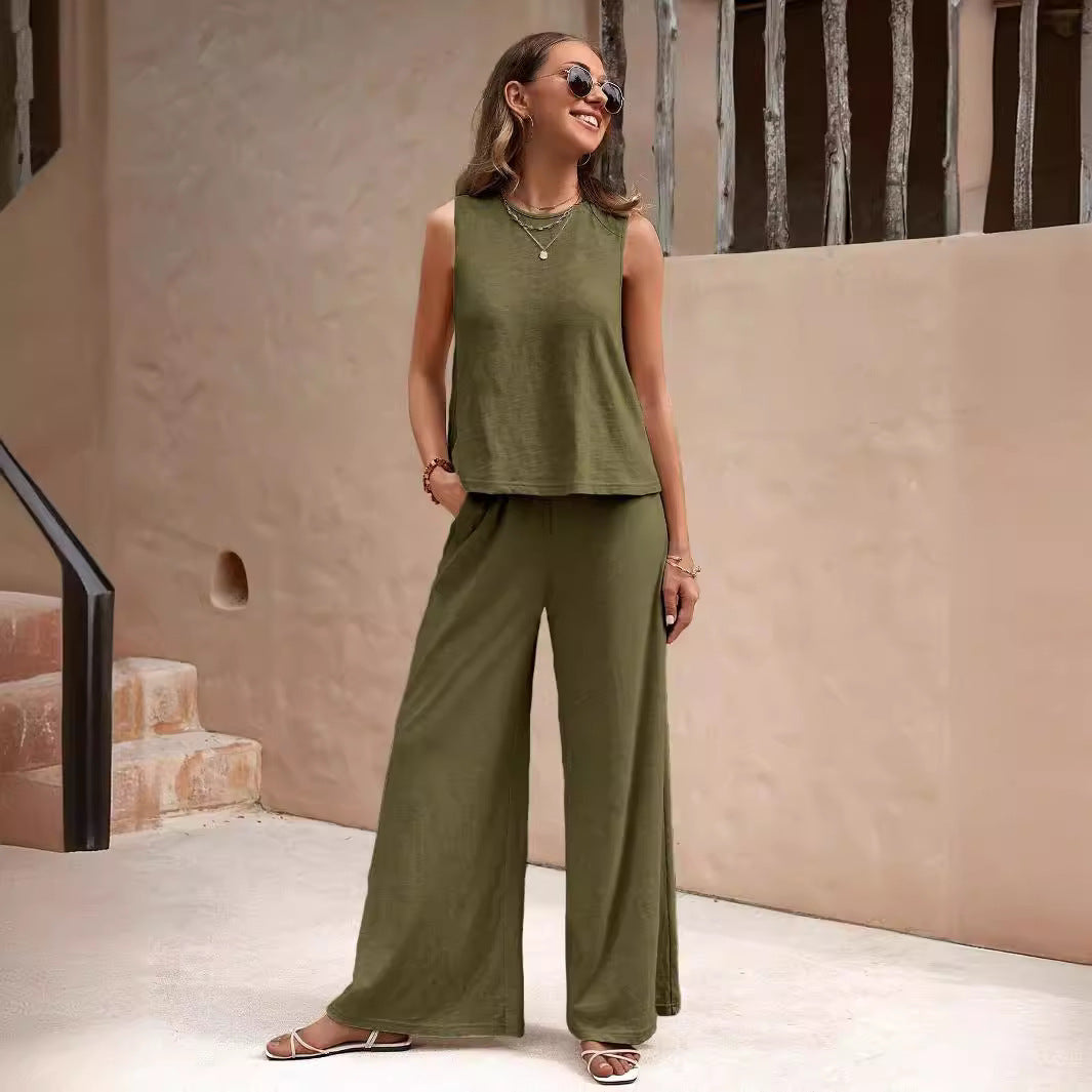 Solid Color Casual Loose Pants Sets For Women Elegant Spring Summer Women's Two Pieces Suit Full Trouser Set Female Outfit Clothes -
