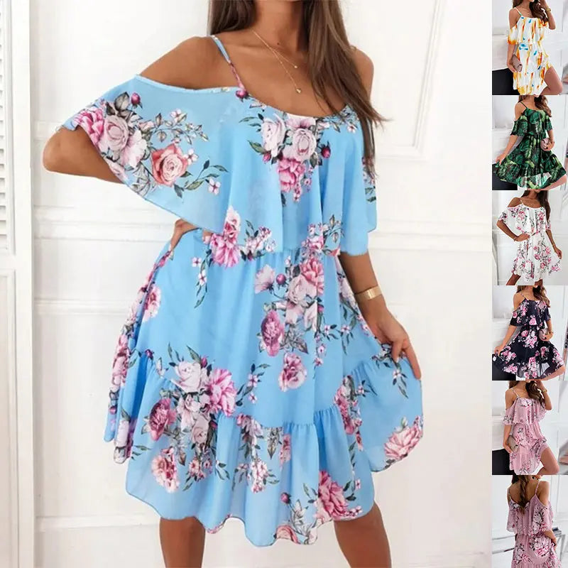 Rochie Vară Off-Shoulder Volane - Bretele Suspender, Floral Romantic, Culori VII -