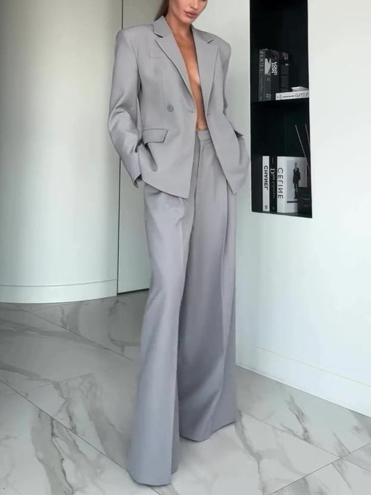 Gray Single-button Blazer & Wide-leg Pants Suit -