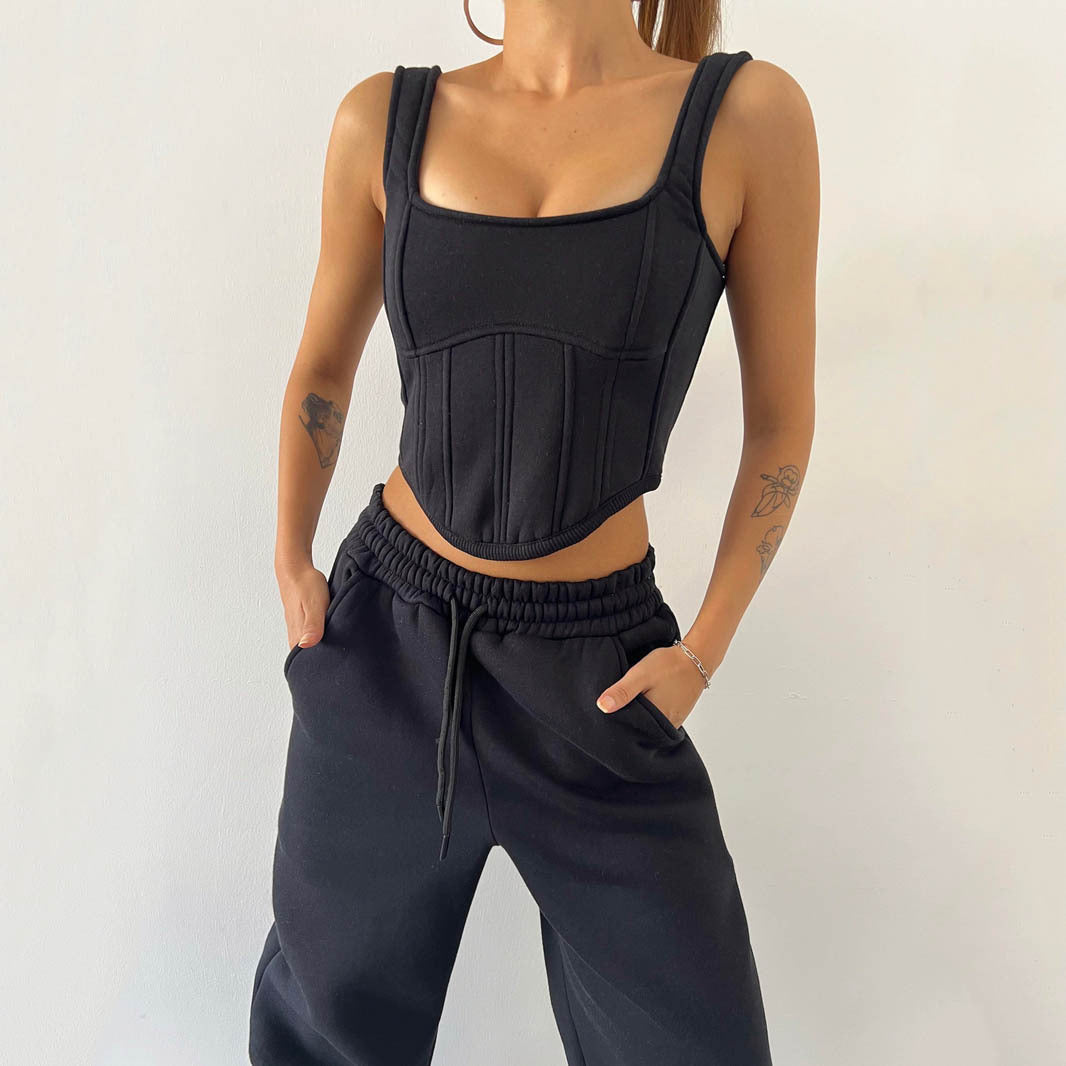 Gray Waist Hooded Short Sweater Ankle Banded Pants Three-piece Set -