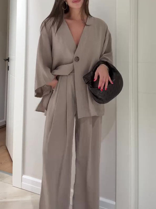 Solid Color Single Button Top And Pants Set -