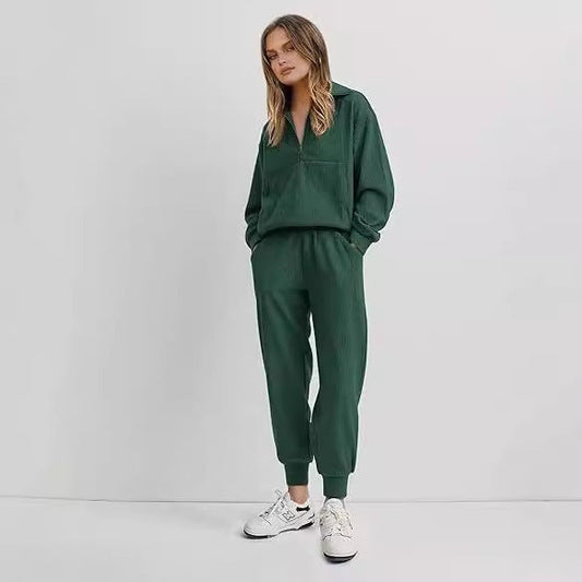 Fashion Casual Long Sleeve Half Zip Sweatshirt Two-piece Set -