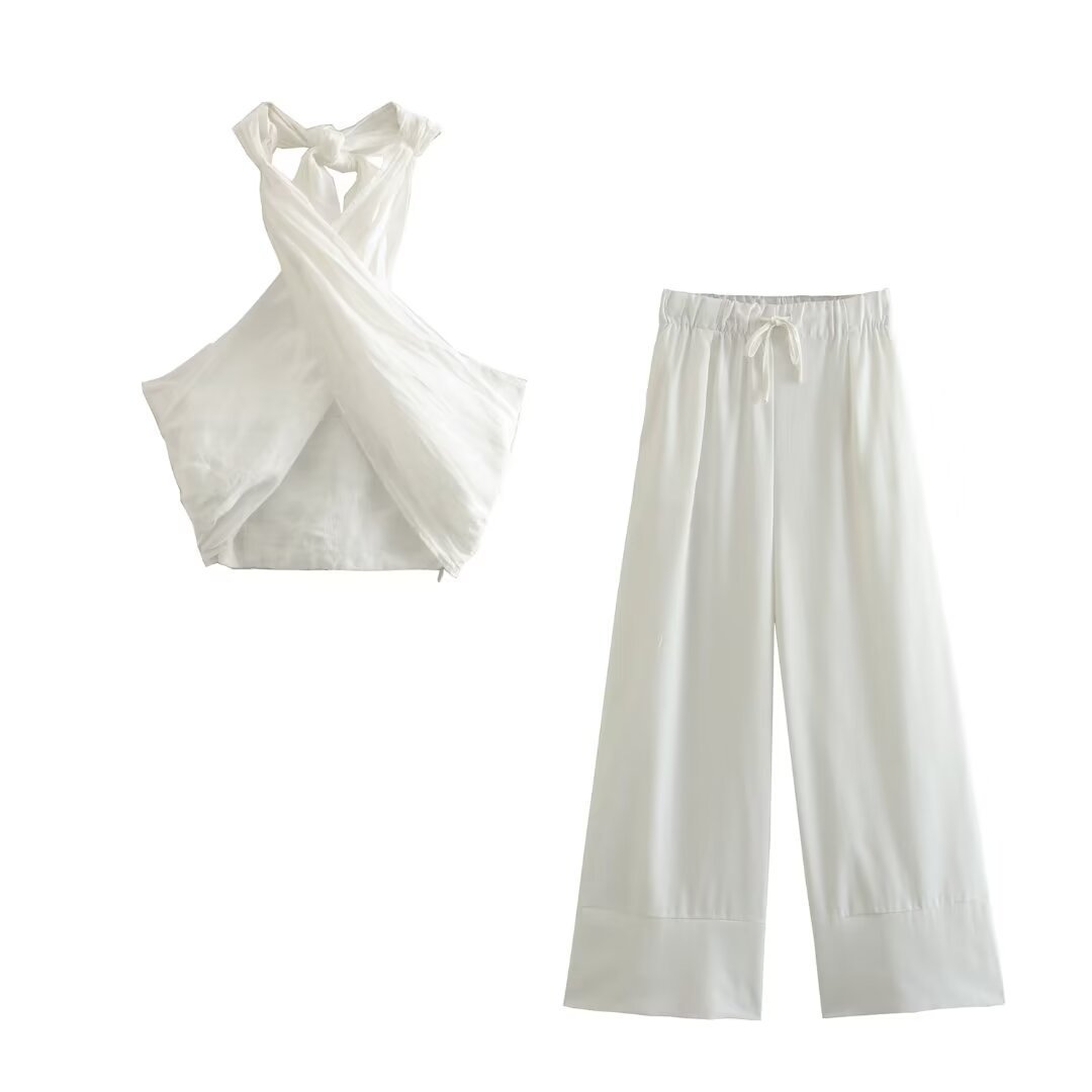 Hanging Collar Linen Top Wide Leg Pants Suit -