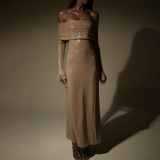 Sexy Luxury Strapless Long Sleeve Slim Rhinestone Noble Dress -