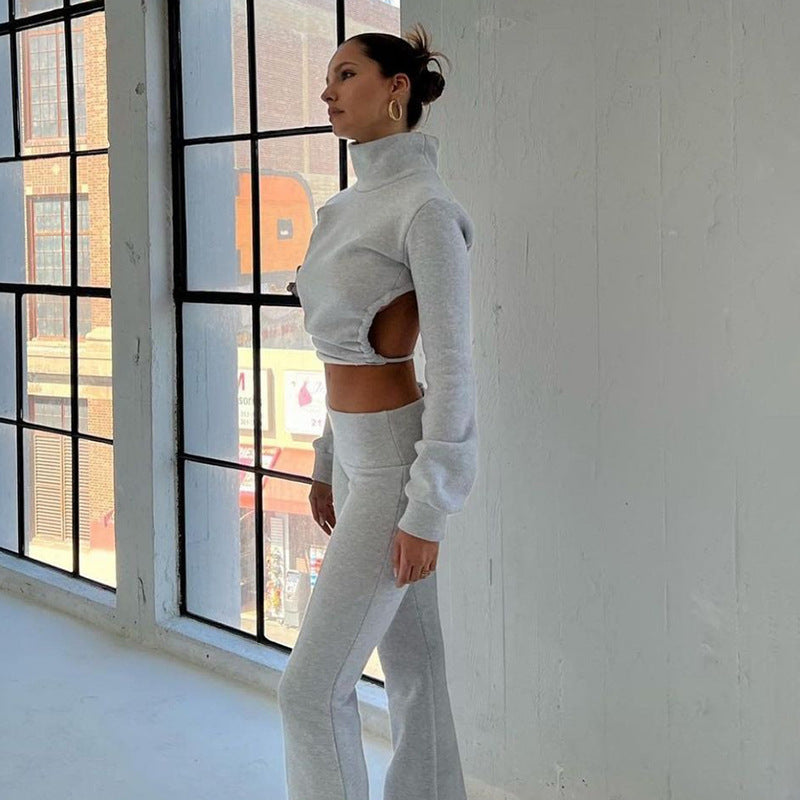 Women's Fashion Solid Color Long-sleeved Strappy Top Straight Pants Set -