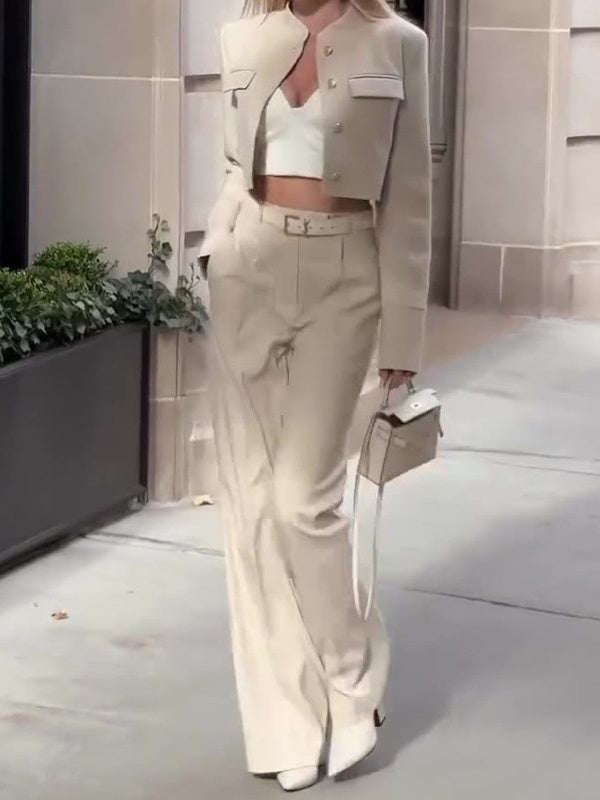 Solid Color Long-sleeved Top High-waisted Wide-leg Pants Suit -