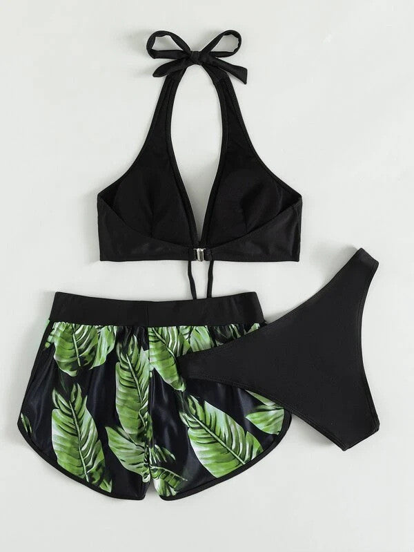 Set Bikini cu Shortși si Top - Print Tropical, Vară -