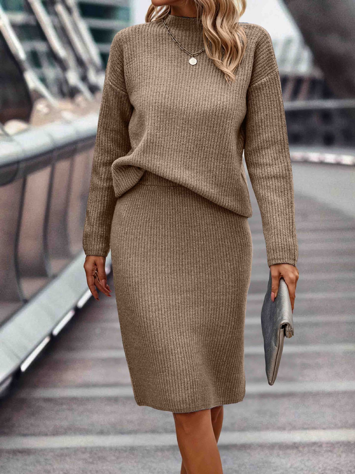 European And American Autumn And Winter Solid Color Long Sleeve Fashion Mock Neck Sweater Women's Suit -