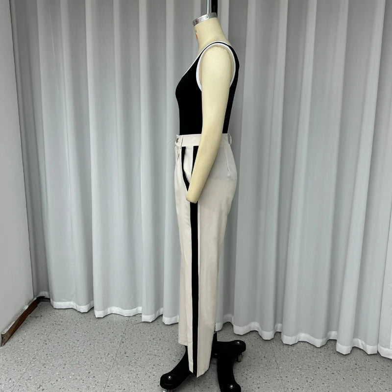 Autumn New Contrast Color Suspenders Slim High Waist Trousers Two-piece Set For Women -