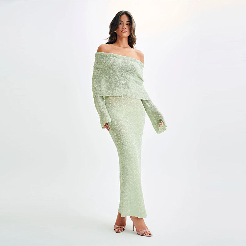 Rochie Maxi Tricotată cu Umăr Liber - Plajă, Mâneci Lungi -