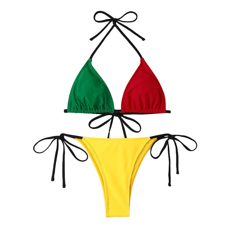 Color Contrast Patchwork Bikini Tether Split Swimsuit For Women -