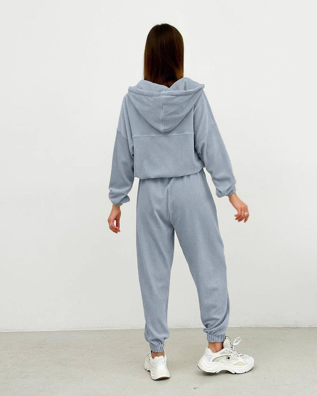 Women's Fashion Minimalist Long Sleeve Hooded Zipper Trousers Suit -