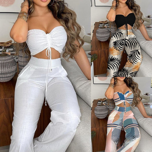 White Solid Color Tube Top Trousers Suit Dress -