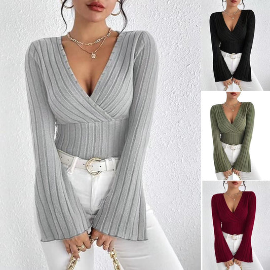 Bluză Feminină cu Dungi, Decolteu V - Slim Fit, Mânecă Lungă -