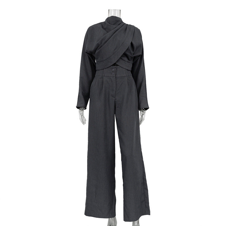 Small Turtleneck Cross Long Sleeves Top Casual Wide Leg Pants Two-piece Set -