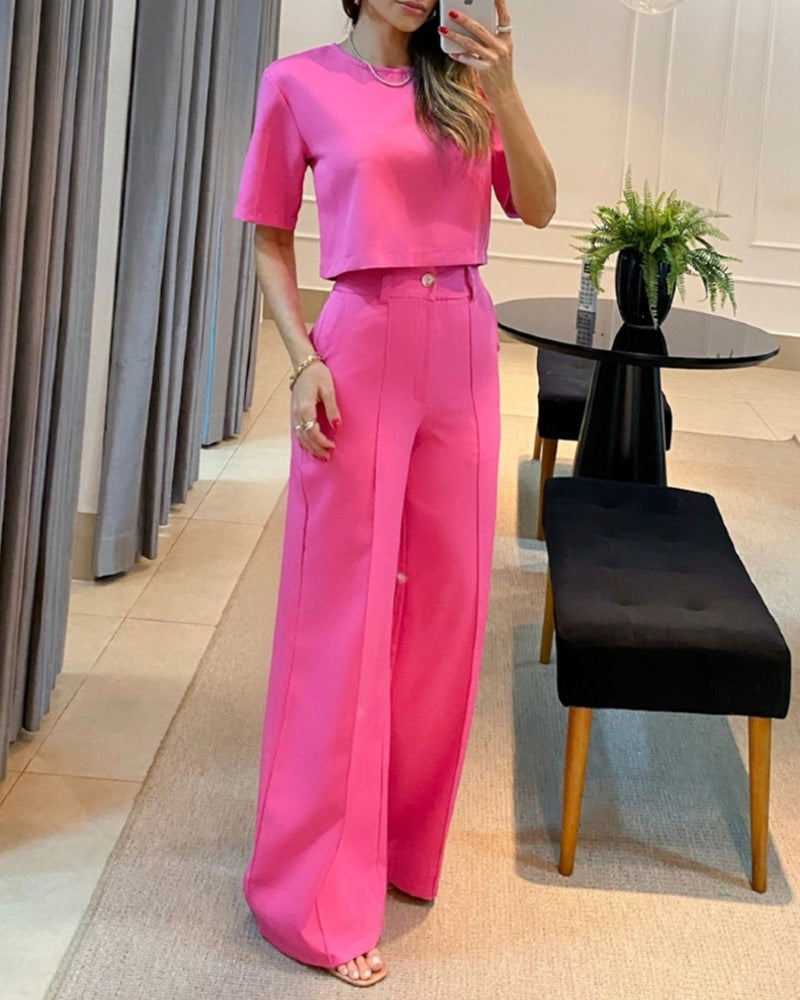 Straight Leg Trousers Solid Two-piece Set -