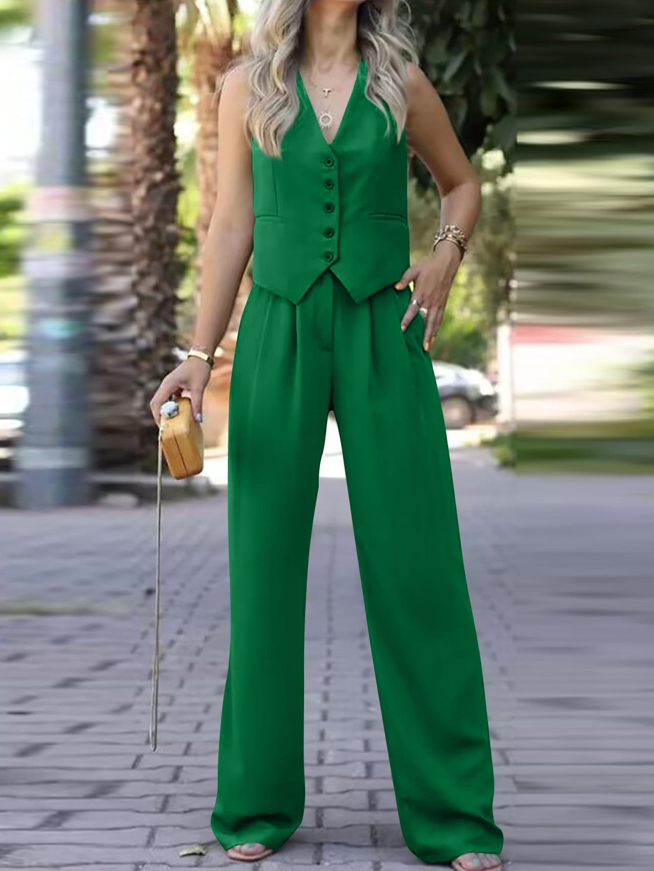 V-neck Sleeveless Waistcoat Vest Drooping Wide-leg Pants Suit -
