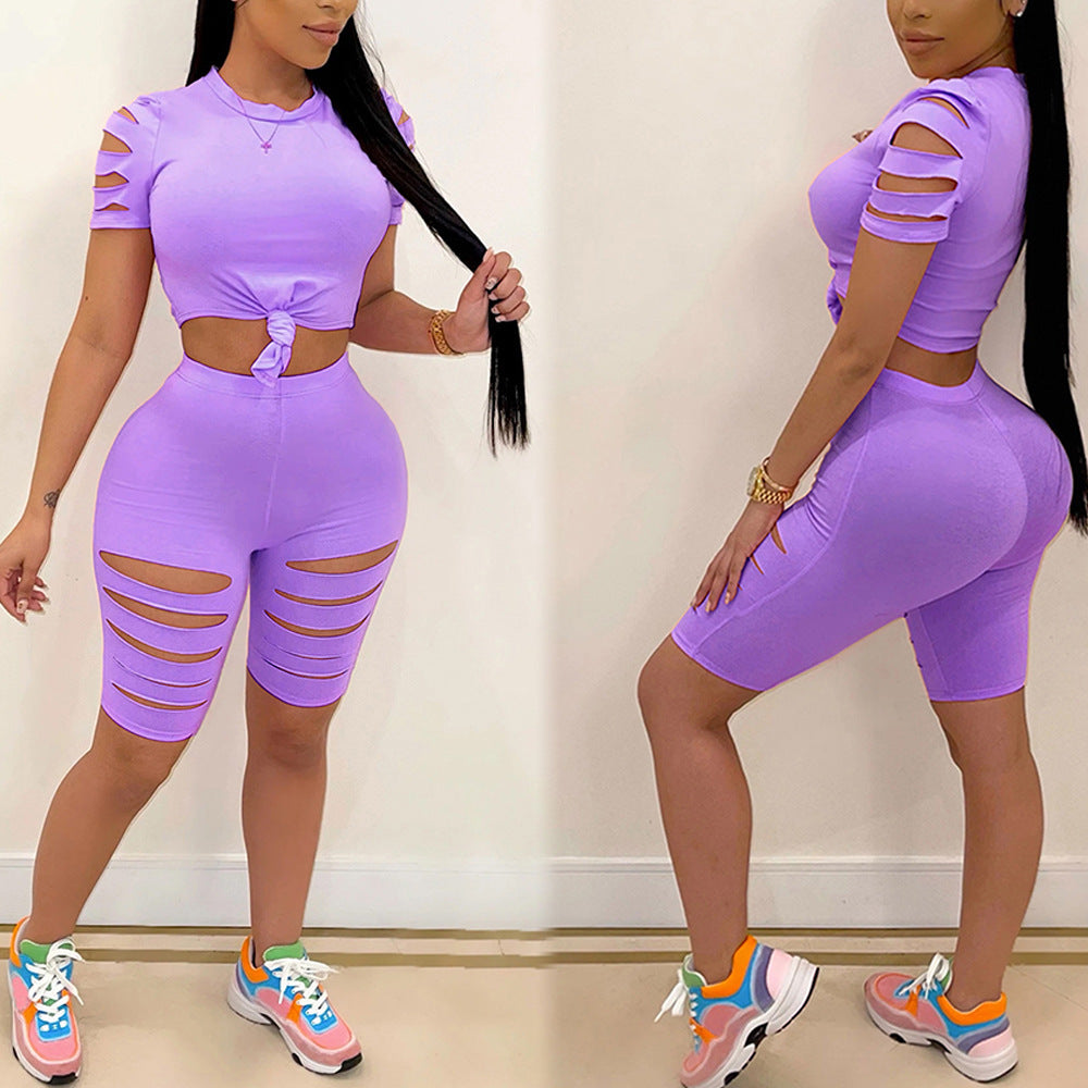 Fashion Casual Sports Suit Broken Hole Women Clothing -