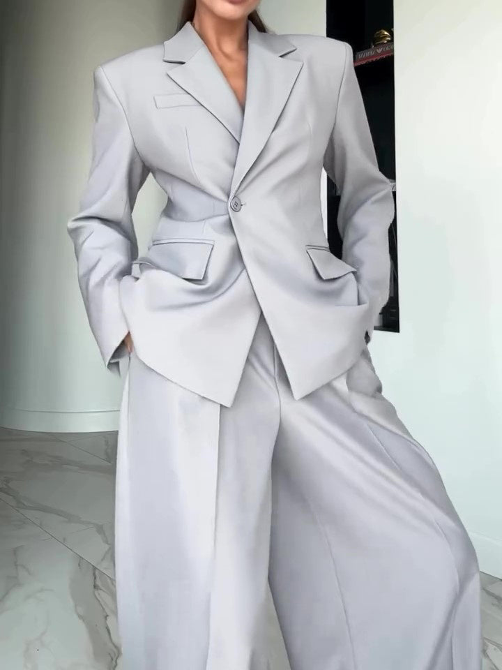 Gray Single-button Blazer & Wide-leg Pants Suit -