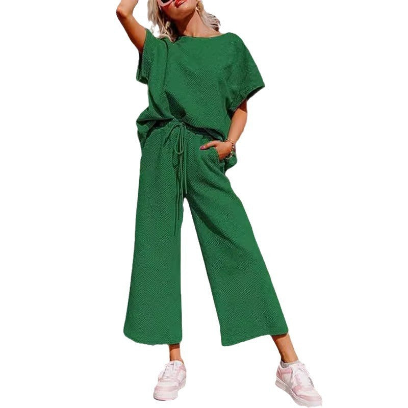 Solid Color Texture Casual Fashion Women's Wear Short-sleeved Trousers Two-piece Set -