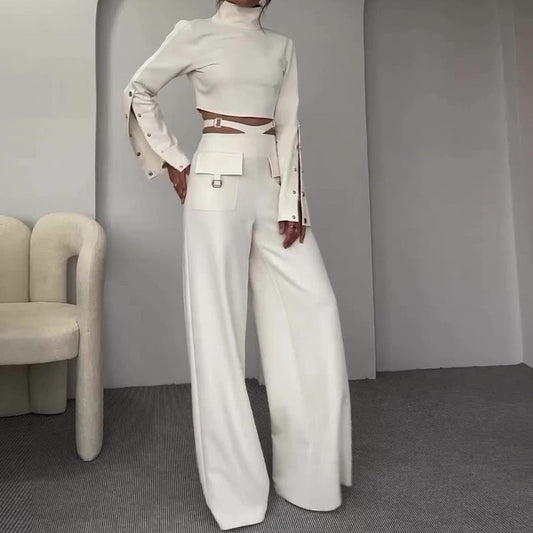 High Collar Midriff-baring Loose Wide Leg Library Suit -