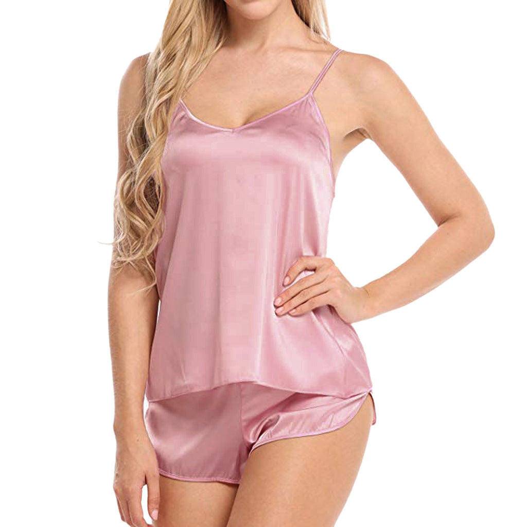 Summer Women's V-neck Lace Camisole Shorts Pajama Set -