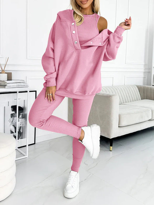 3pcs Women's Sports Suit Loose Hooded Pockets Sweatshirt And Vest And Slim Trousers -