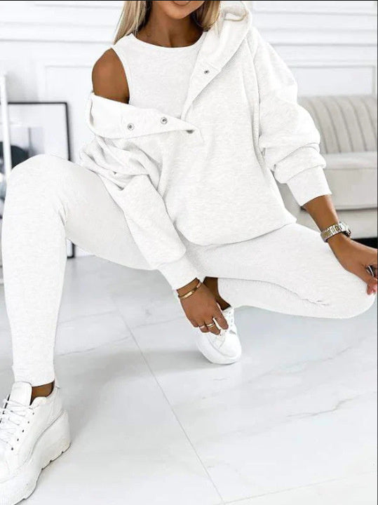3pcs Women's Sports Suit Loose Hooded Pockets Sweatshirt And Vest And Slim Trousers -