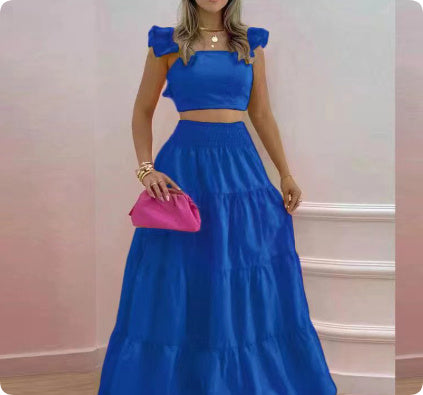 Women's New Solid Color Mid Waist Big Swing Two Piece Dress -