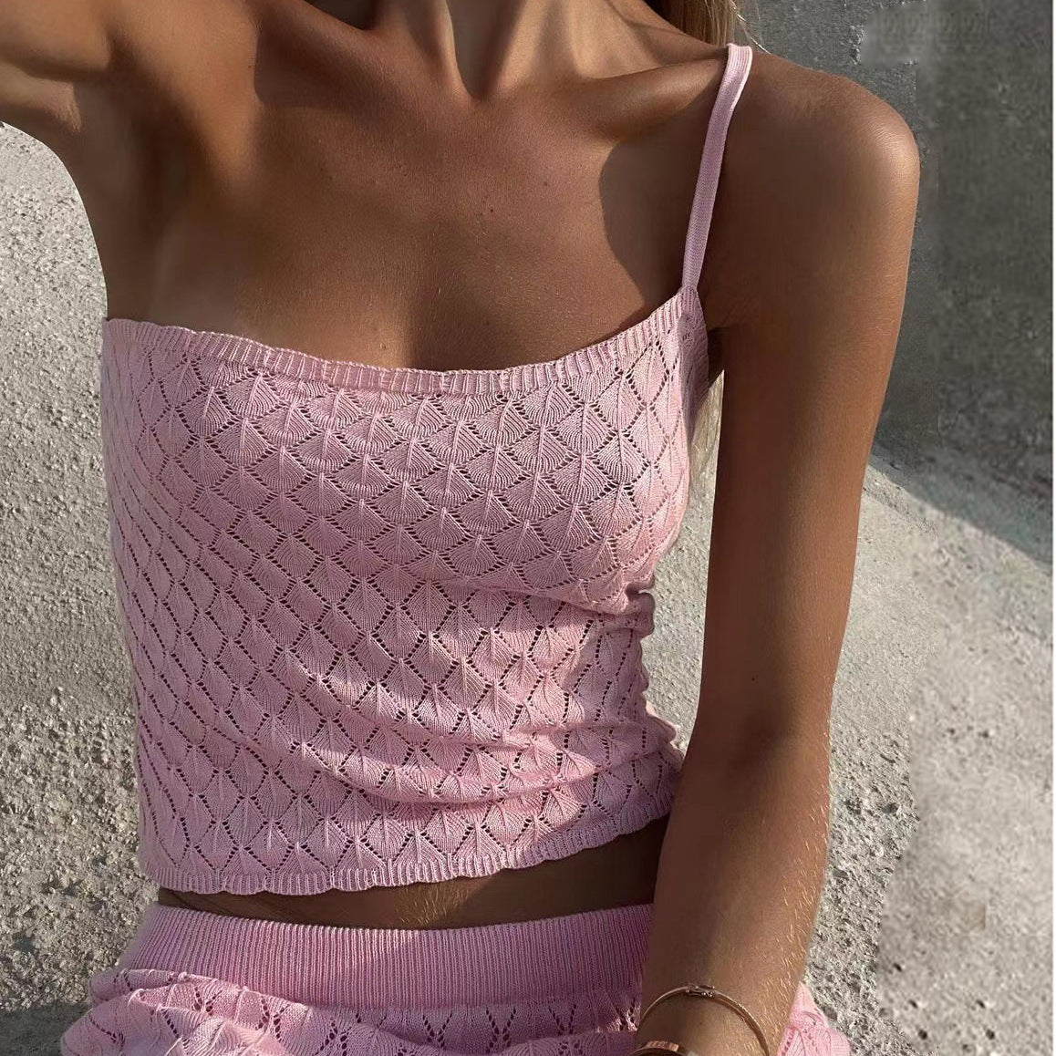 Women's Knitted Beach Short Show Belly Backless Camisole Long Skirt Two-piece Set -