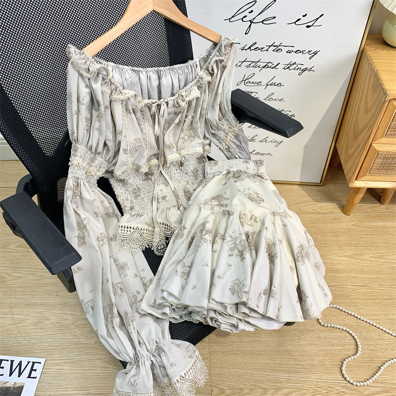 Printed Waist Lace One Word Collar Top Temperament -